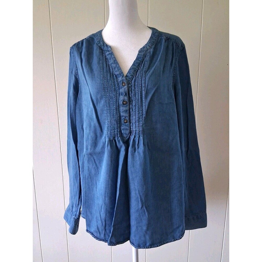 Croft & Barrow Chambray Popover Shirt XL Pintuck Long Sleeve Lyocell Casual Boho